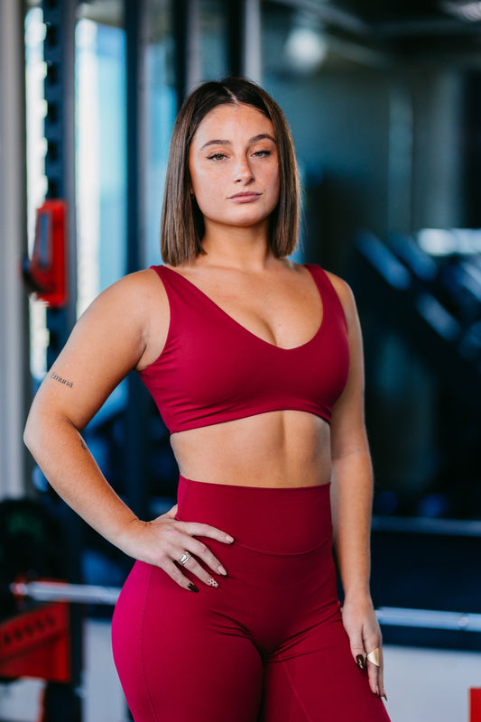 Peto Deportivo Mujer Alta Sujeción Escote V | Yoga y Pilates | Rojo Temple